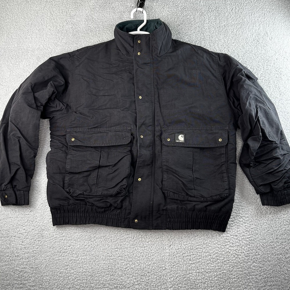 Carhartt Mens Jacket Coat Black Flap Pockets Mock Neck Snap Zip Up Vintage 90s L